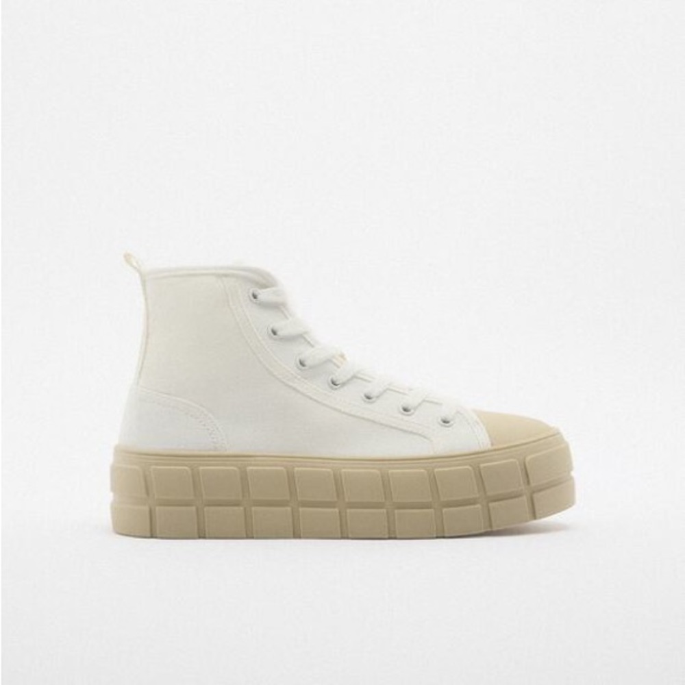 Zara women’s high top sneaker, platform rubber sole, white + tan some, size 40